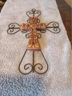 Decorative Metal & Ceramic Wall Cross with Scrollwork 16x10